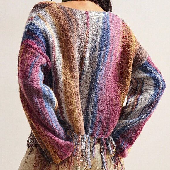 Multicolor Casual Women's colorful Ombre Striped Fringe Hem Cardigan - Picture 7 of 8